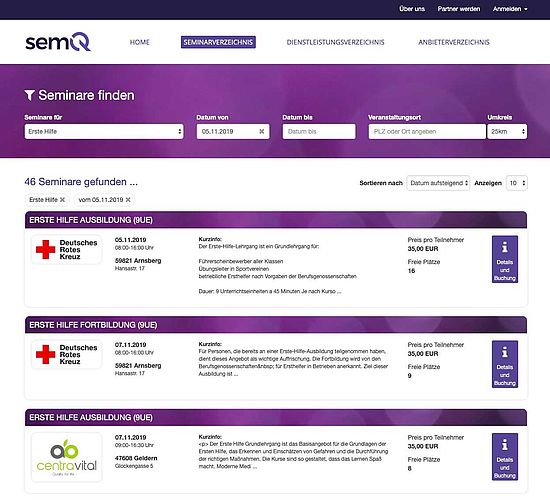 Erste Hilfe Lehrgänge online bei semQ suchen - ab 35,- Euro