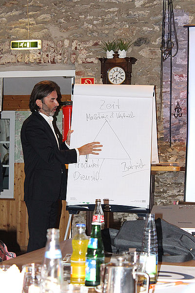 Motivationscoach Mike Aßmann bei seinem Vortrag auf dem 1. BauLokal.de Forum in Bestwig im Sauerland. Foto: BauLokal.de
