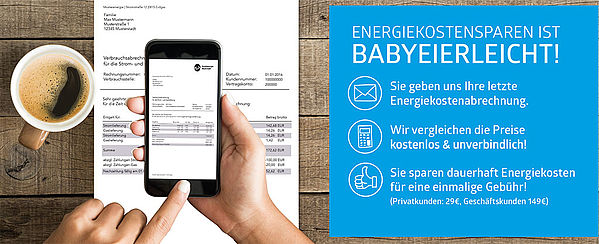 Per Whatsapp, als Mail, Fax oder persönlich in unserem Kundencenter: Sie geben uns Ihre letzte Abrechnung, wir sparen für Sie!