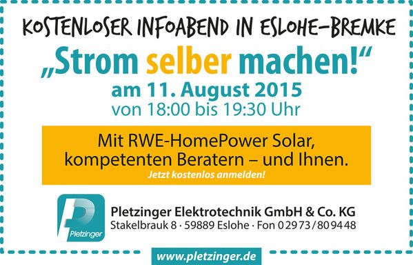 Infoabend Strom selber machen Eslohe 11. August 2015 Pletzinger Elektrotechnik